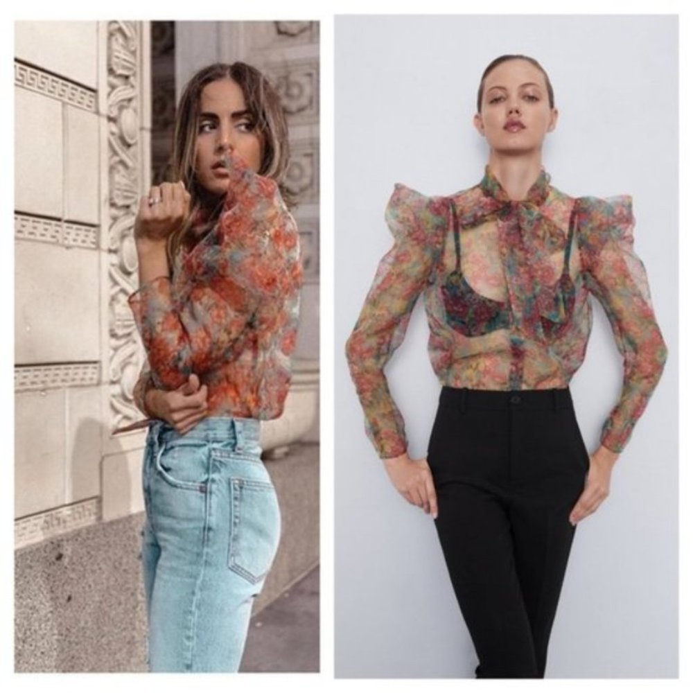 NEW Puff Sleeve Floral Organza Long Blouse - Picture 5 of 10